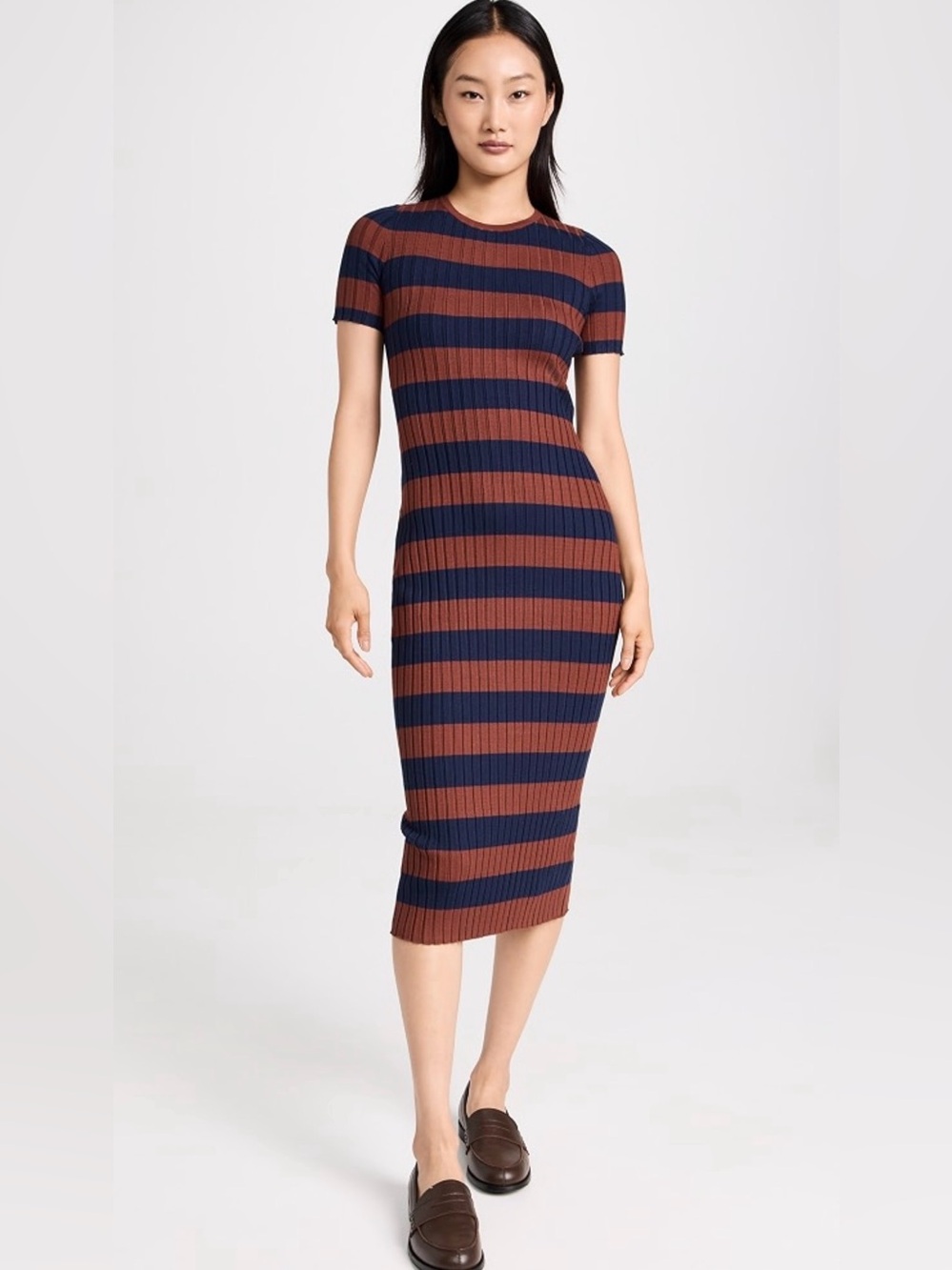Madewell Ribbed Striped Midi Dress in Navy and Wine